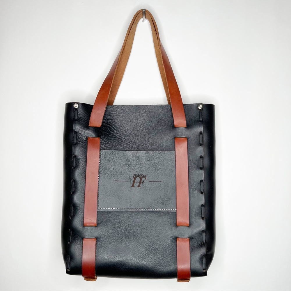 HoldFast Leather Tote Bag Black Brown Woven Shoulder Bag Neutral Heavy Neutral